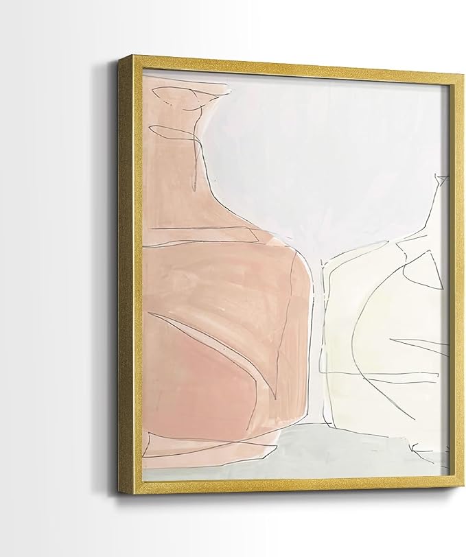 Renditions Gallery Set of 2 Peel & Stick Framed Prints, Neutral Abstract Wall Art, Soft Tones Delicate Linework Wall Decor, Re-Stickable - Ready to Hang - 11"x14" - GOLD Frame LT588