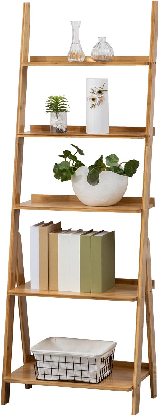 Ladder Shelf, 5-Tier Leaning Shelf, Free Standing Organizer Storage Shelves, Storage Rack Shelf for Office, Living Room, Nature