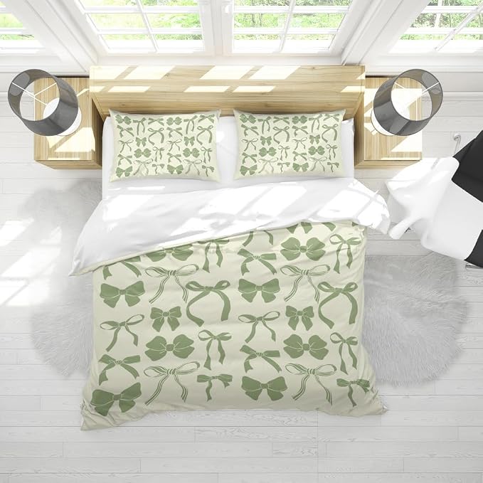 Sage Green Trendy Bow Duvet Cover Queen Size Preppy Bedding Set Bowknot Bed Cover,Dreamy Princess Style Kids Girls Super Soft Bedding Set for Teens Funky Coquette Girly Room Decor 88"x88"