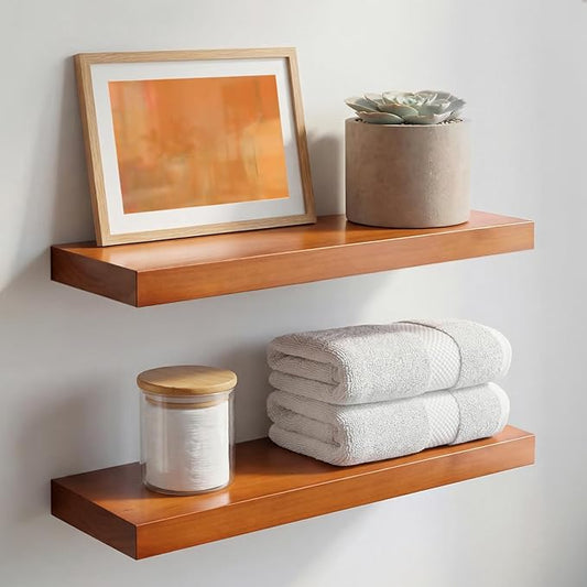 Homeforia 18 inch Floating Shelf Oak, High End Solid Real Wood 18inch Long Floating Shelves for Wall Mounted, Honey Oak Wooden 18in Floating Shelves, Heavy Duty Bracket, 18 X 6.5 X 1.75 inch, Set of 2