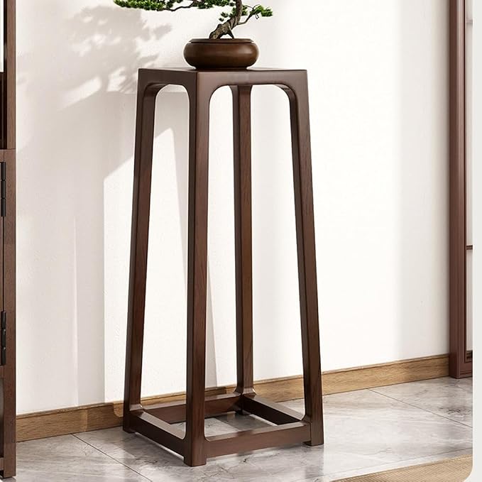 Solid Wood Plant Stand Indoor, Floor-Standing Plant Shelf with Storage, Tall Side Table with Mortise and Tenon Joint, Retro Style Accent Table for Small Spaces(Brown,90cm-35.4in)