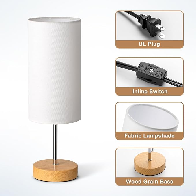 Small Table Lamp for Night Stands, Round White Fabric Shade and Wood Base, Modern Minimalist Bedside Lamps for Bedroom Dresser, Living Room, Dffice Desk, College Rorm, Warm Light, 5W LED Bulb Included