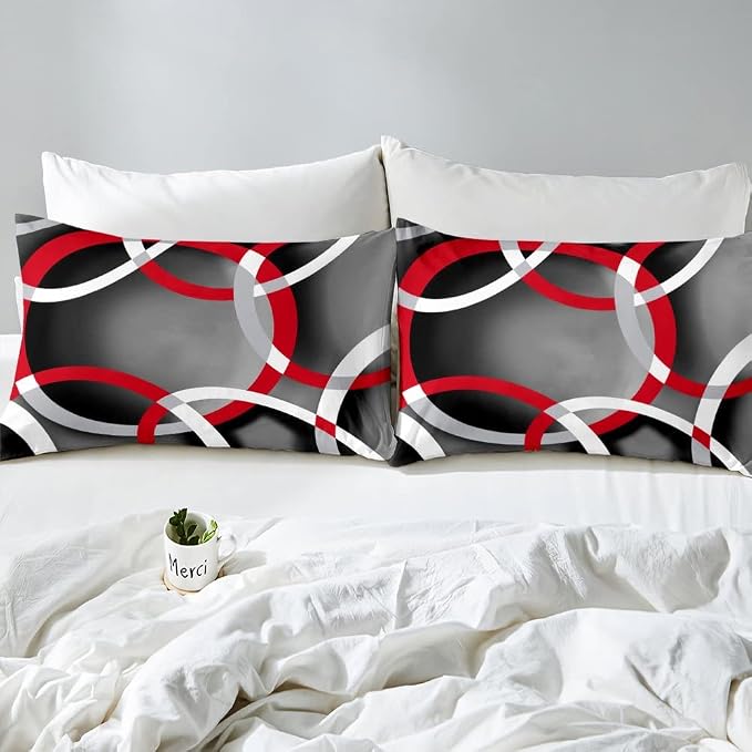 Feelyou Geometric Bedding Set Modern Retro Circle Grommet Comforter Cover for Kids Adult Abstract Stripe Line Art Duvet Cover Grey Red Black White Stripes Swirl Bed Set 3Pcs King Size (No Comforter)