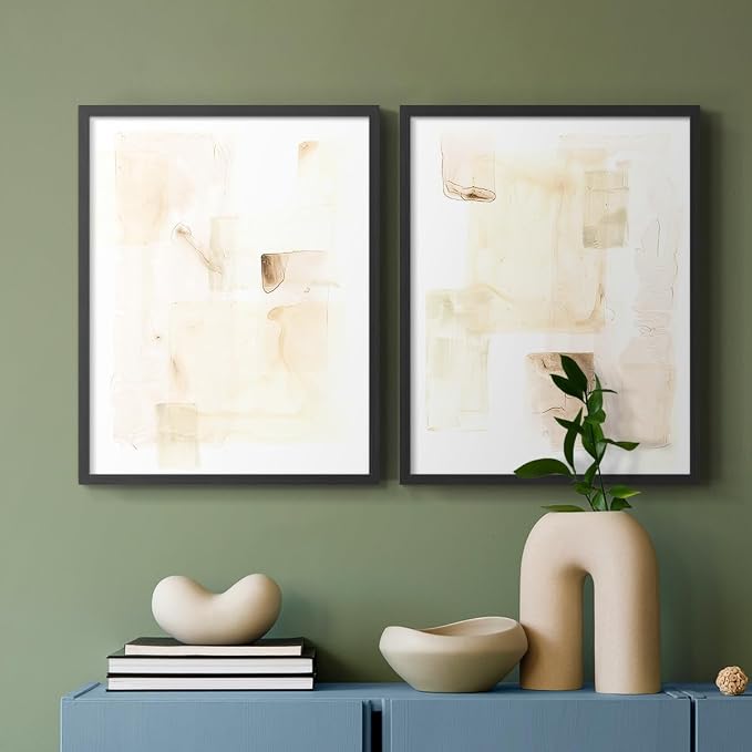 Renditions Gallery Set of 2 Peel & Stick Framed Prints, Abstract Wall Art, Mixed Handmade Oil Painting Wall Decor, Re-Stickable - Ready to Hang - 22"x28" - Black Frame LT588