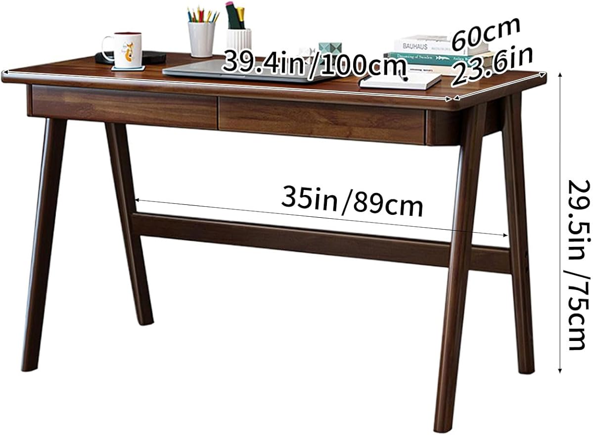 Wood Writing Desk with 2 Drawer,Home Office Desk for Small Spaces Study Desk PC Table Workstation (Walnut, 39.4x23.6x29.5)