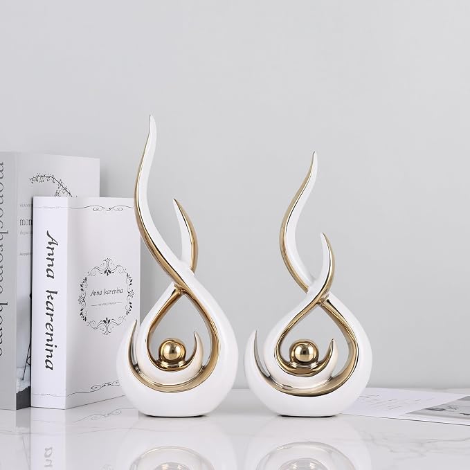 2PCS Abstract Art Ceramic Sculptures, Modern Decor Figurines for Living Room Decorative Objects, Sculptures Home Decor Set for Table, TV Stand, Entryway, Bookshelf Display (White Gold)