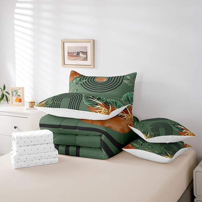 Erosebridal Mid Century Green Full Comforter Set with Sheets 7 Piece Boho Minimalist Aesthetic Bed in A Bag Modern Plant Botanical Palm Leaf Bedding Sets Abstract Retro Geometric Neutral Bed Set