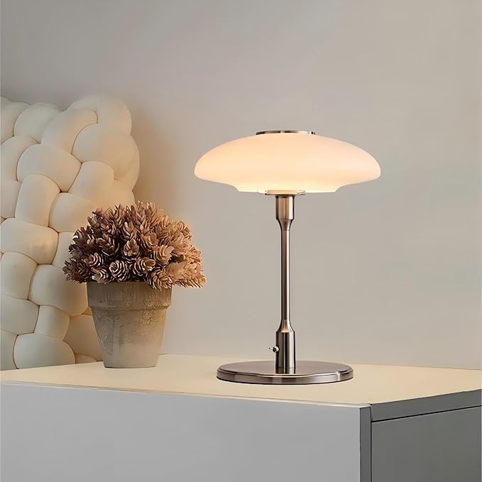 Table Lamp, Metal and Glass Modern Bedside Lamp, Decorative Table Light, Table Lamp for Living Room Bedroom Study Room, 12.6 * 16.5 Inch, Chrome & White