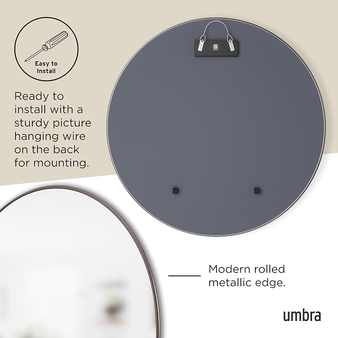 Umbra Hubba Round Wall Mirror with Metallic Frame, Modern Style for Bathroom, Entryway, Living Room and More, 34-Inch, Titanium