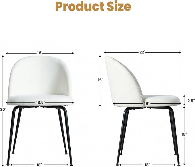 Casaphoria Dining Chairs Set of 2, Modern White and Black Upholstered Accent Chairs with Metal Legs, Ergonomic Comfy Vanity Chair for Kitchen, Living Room, and Bedroom