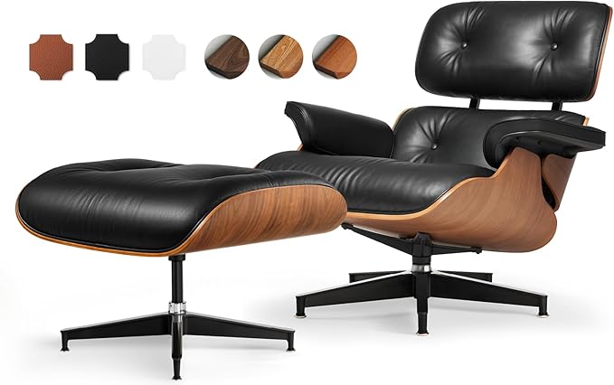 Black PU Leather, Mid Century Chaise Lounge Chair Indoor, Chair with Ottoman, Reading Chair, Leather Accent Chair, Modern Arm Chair, Classic Design, Heavy Duty Base Support for Living Room, Walnut