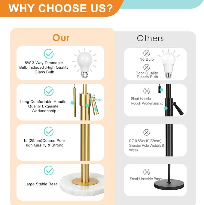 Qingmiao Modern Floor Lamp for Living Room, Adjustable Height Standing Lamp with Marble Base, Gold Tall Pole Light with Linen Shade for Reading Bedroom, Chain Switch, 8W 3-Way Dimmable Bulb Included