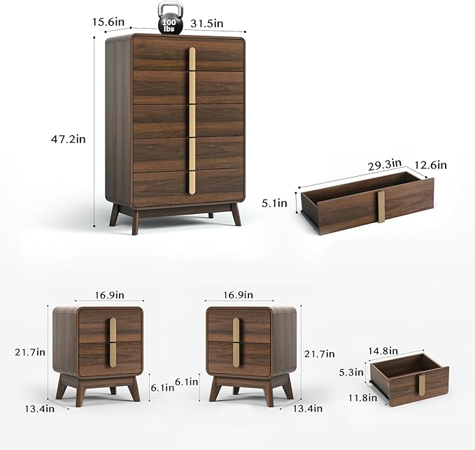 Mid Century Modern Bedroom Sets, 5 Drawer Dresser and Nightstand Sets for Bedroom, Night Stand Set 2 & 5 Drawer Dresser with Gold Handles, Wood Chest of Drawers Storage Cabinet Set, Walnut