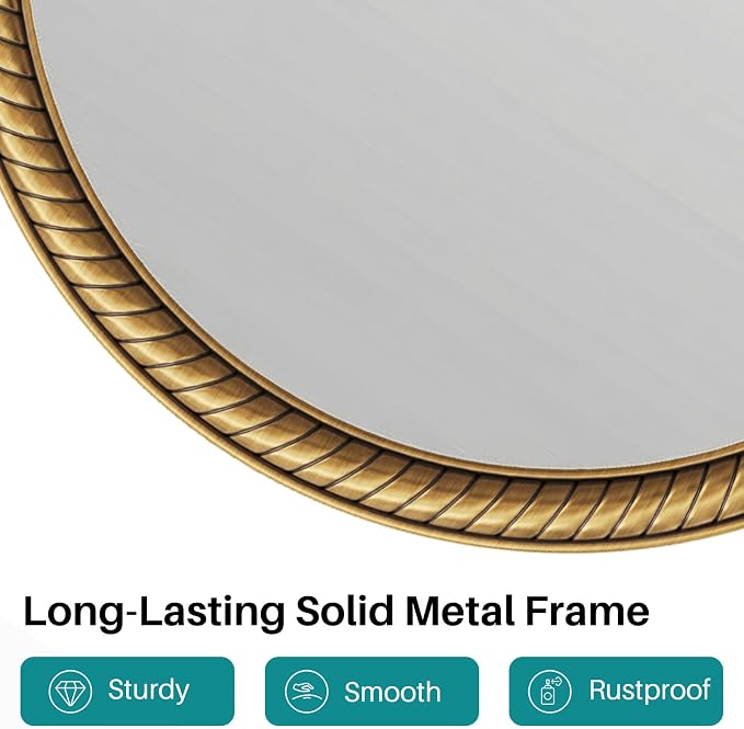 Arched Wall Decor Mirror - 24"X36" Retro Gold Large Vintage Rope-Like Metal Framed Mirror for Wall Decor, Vanity Mirrors for Bathroom, Living Room, Bedroom, Fireplace