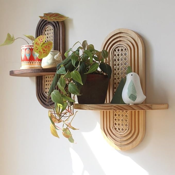 Arch Rattan Floating Shelf, Mid-Century Wood Wall Mounted, Bohemian Hanging Shelf, Modern Rattan Wall Shelf, Arch Wall Decor for Bedroom Living Room Display(Brown)
