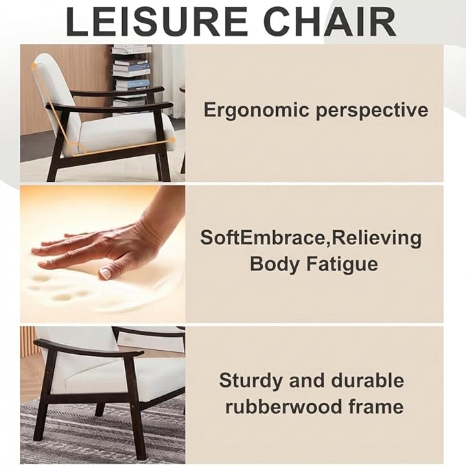 Mid-Century Modern Accent Chair, Upholstered Arm Chair Solid Wood Frame for Lounge, Living Room, Reading Room, Bedroom (Ancient White)