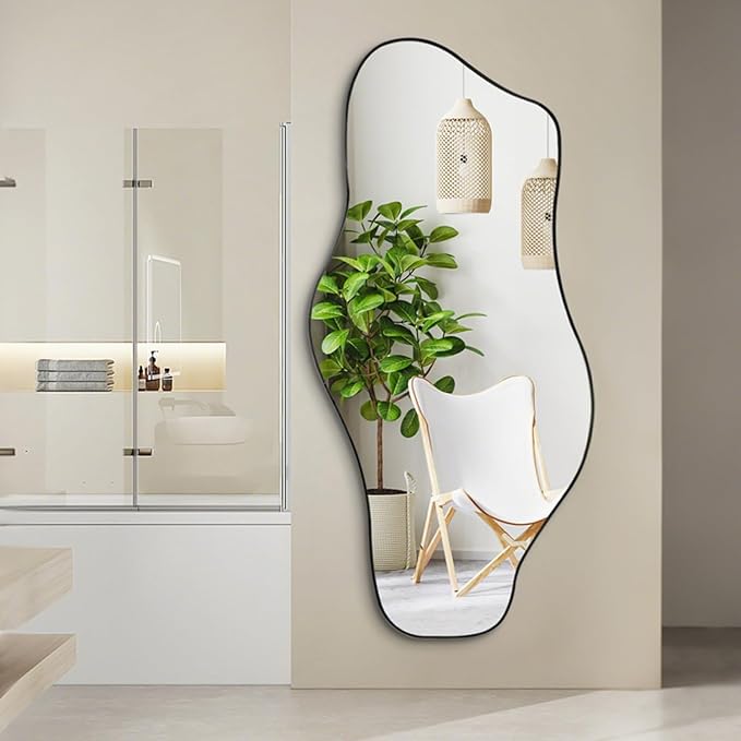 Irregular Mirror, 59"x25.5" Asymmetrical Full Length Mirrors, Large Abstract Frameless Mirror Decorative, Unique Shaped Mirrors for Living Room Bathroom Bedroom Hallway Entryway Fireplace