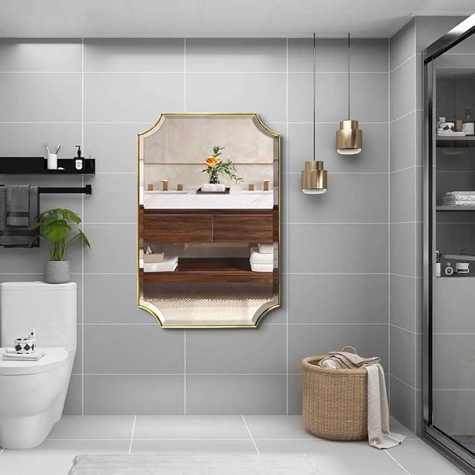 POZINO Beveled Vanity Mirror, 24"x36" Modern Bathroom Mirrors Over Sink, Rounded Rectangle Mirrors with Stainless Steel Frame, Brushed Brass Wall Mirrors for Bedroom Living Room Fireplace Entryway