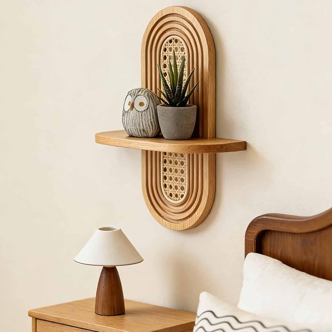 1pc Mid-Century Modern Wall Shelf - Arched Wood & Woven PE Rattan Boho Decorative Floating Shelf, Vintage Aesthetic Decor for Living Room, Bedroom, Kitchen & Home Office (Natural)