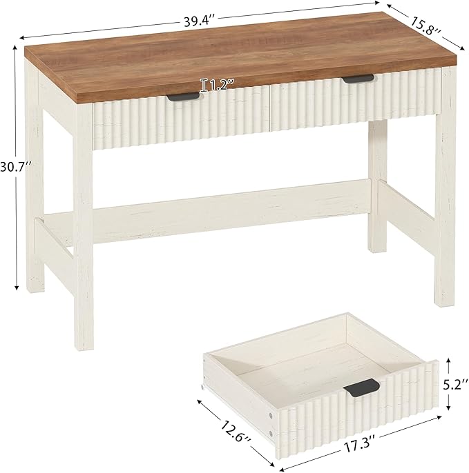 YOMILUVE Fluted Computer Desk with 2 Drawers, 39 Inch Small Computer Desk with Storage, Compact Writing Study Vanity Desk for Small Spaces, Antique White
