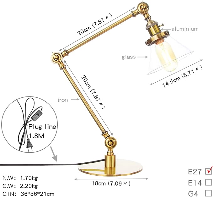 Table Lamp, Adjustable Swing Arm Metal Desk Lamp with Clear Glass Shade, Vintage E26 Reading Light for Bedroom or Bedside