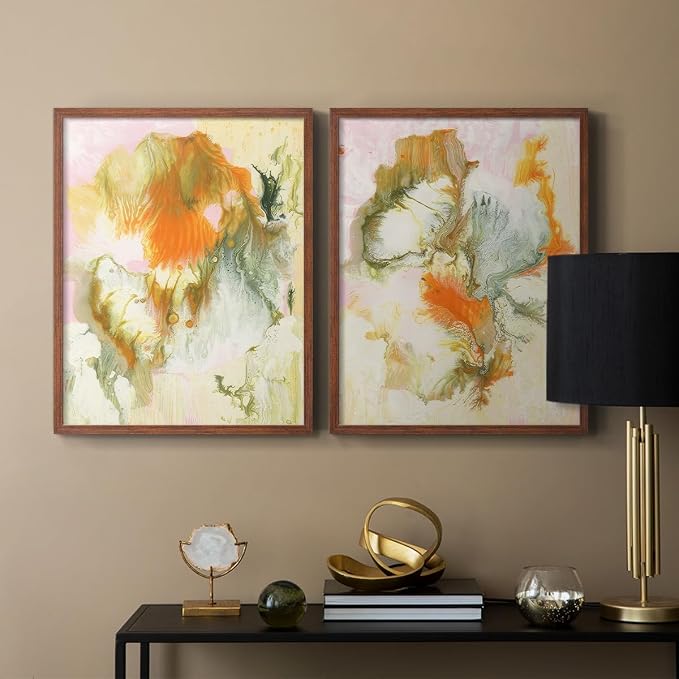 Renditions Gallery Set of 2 Peel & Stick Framed Prints, Modern Abstract Wall Art, Mix Color Oil Paint Design Wall Decor, Re-Stickable - Ready to Hang - 16"x20" - Walnut Frame LT588