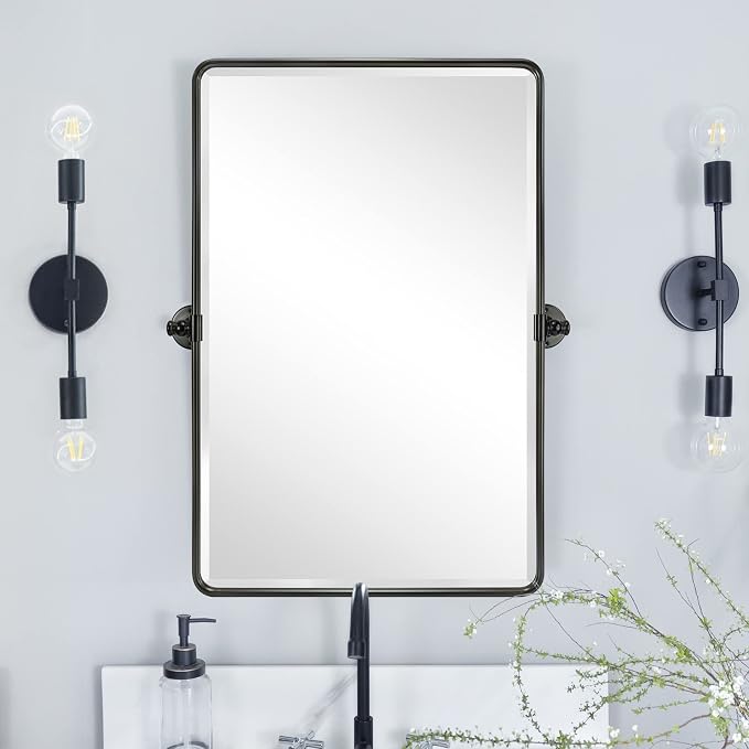 TEHOME Oil Rubbed Bronze Pivot Rectangle Mirrror Farmhouse Tiltable Rounded Metal Framed Pivoting Bathroom Mirror with Beveled Mirrror, Overall 26.91 x 35 inches (Mirrror 23 x 35 inches)