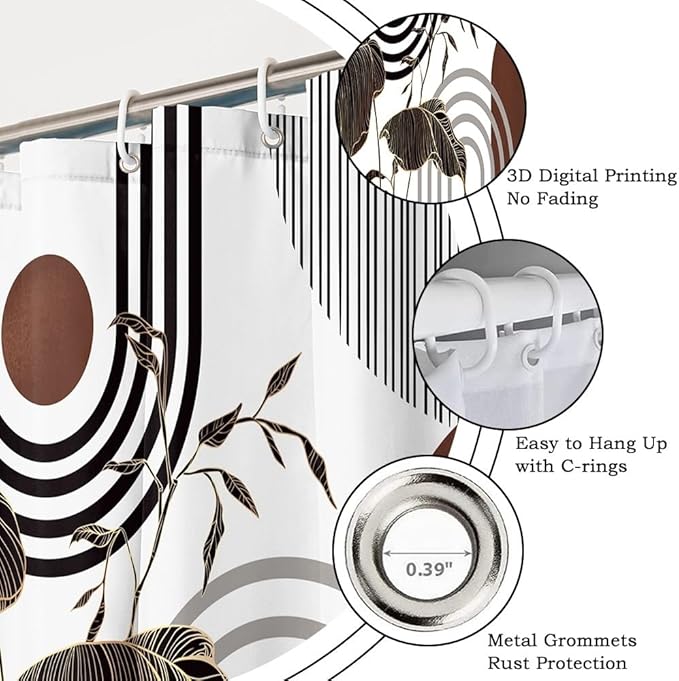 Mid Century Boho Shower Curtain for Bathroom Modern Abstract Aesthetic Bathroom Decor Set Black Gold Leaf Sun Arch Bathtub Curtains Machine Washable Waterproof Polyester Fabric with Hooks 69x70 Inch
