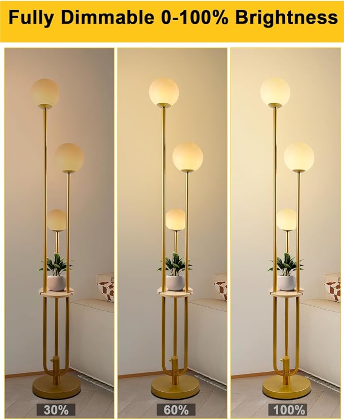 Lightdot LED Floor Lamp Dimmable Gold Globe Floor Lamps with Shelf& Bulb Included Mid Century Modern Standing Lamp for Bedroom Living Room/Sofa Beside/Corner Decor -Candle Holder Style Soft Eye-Caring