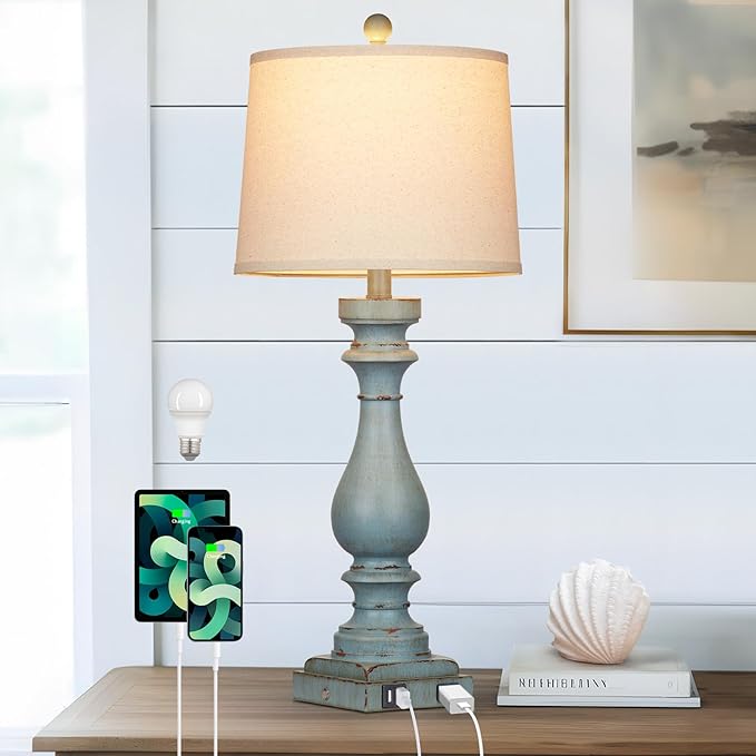 27.5" Tall Coastal Lamp,Retro-Blue Vintage Bedside Nightstand Lamps with USB Charging Ports A/C,3-Way Dimmable Touch Control Table Lamps for Bedroom Living Room,Single Blue