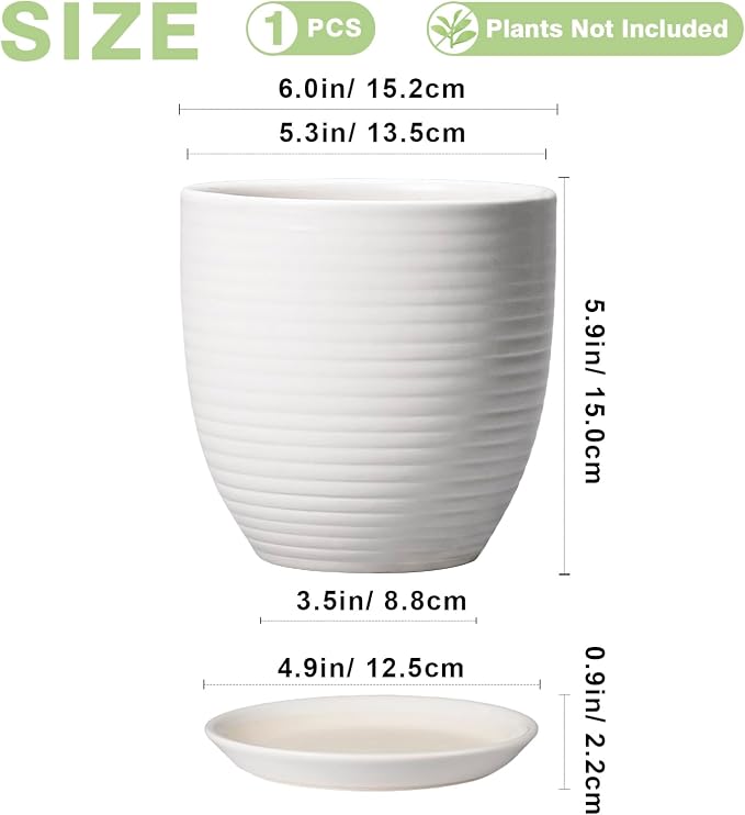 Ceramic Pots for Plants - 6 Inch Plant Pot with Drainage Hole and Saucer, Round Planters for Indoor Outdoor, Flower Pots, Modern Planter, Home Office Room Decor, Gifts for Plant Lovers, White