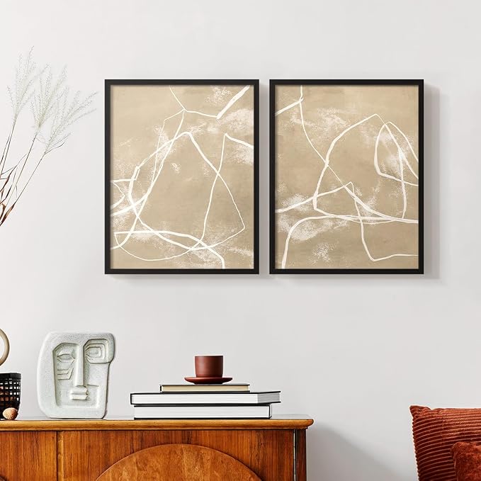 Renditions Gallery Set of 2 Peel & Stick Framed Prints, Neutral Abstract Wall Art, Beige Line Art Pattern Wall Decor, Re-Stickable - Ready to Hang - 16"x20" - Black Frame LT588