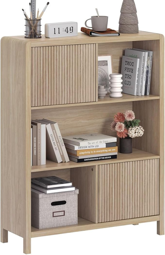 FATORRI Cube Bookshelf with 2 Doors, Wood Bookcase with Storage, Modern 5 Cubby Book Shelf for Home Office Living Room (Light Walnut)