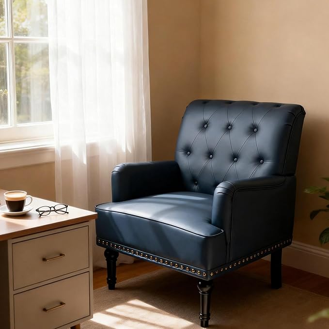 MOJAY PU Leather Accent Chair, Mid-Century Armchair Living Room Sofa Chair with Rubber Wood Leg, Club Chair with Rivet Trim for Bedroom Reading Room Reception (DarkBlue)