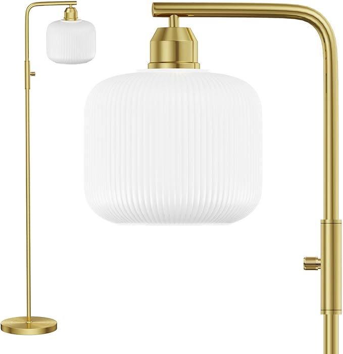 Glass Floor Lamp for Living Room, Modern Standing Lamp with White Glass Lampshade & Brushed Gold, Stepless Dimmable and Rotary Switch, 66” Tall Lamp & Gold Floor Lamp for Bedroom Study Room