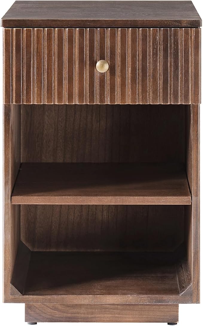 HULALA HOME Mid-Century Modern End Table with Drawer and Open Shelves, Solid Paulownia Wood Side Table, Brass Knob, No Assembly Required(Walnut)