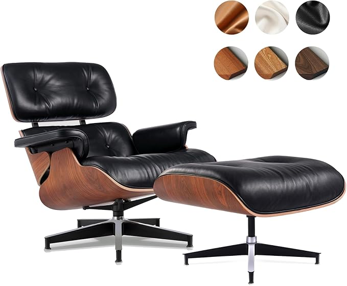 Black PU Leather,Mid Century Chaise Lounge Chair Indoor, Chair with Ottoman, Reading Chair, Leather Accent Chair, Modern Arm Chair, Classic Design, Heavy Duty Base Support for Living Room, Palisander