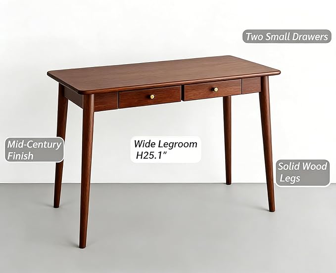 Mid Century Modern Desk, Wood Home Office Computer Desk with 2-Drawers, Vintage Writing Desk Workstation for Study, Bedroom(47.2 inch, Walnut)