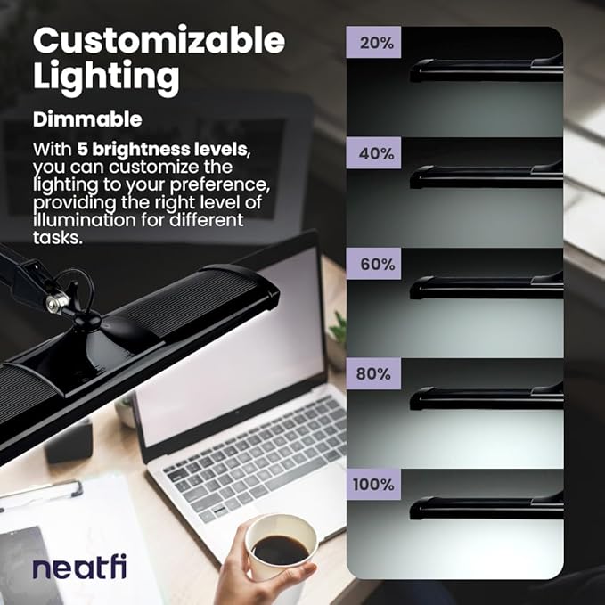 Neatfi Ultra Desk Lamp – 3,500 Lumens, 45W LED, 26-Inch Wide Shade, 5 Brightness Levels, Clamp Mount, Shadow-Free, Non-Flickering Light (Non-CCT with Clamp, Black)