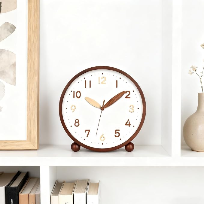 Maxspace Wooden Table Clock,8in Silent Non-Ticking Desk Clock,Battery Operated Desktop Analog Clock for Living Room Bedroom Kitchen Office Classroom Decor (Walnut - Double Wood Font)