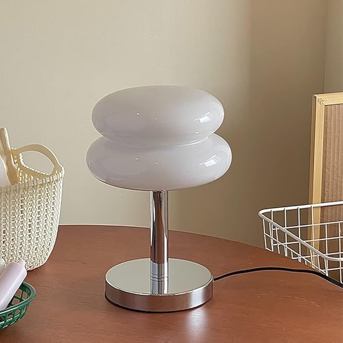 Meefad Mid Century Modern Glass Table Lamp, Mushroom Lamp for Bedroom, Cute Table Lamps, Elegant Night Light for Living Room in White