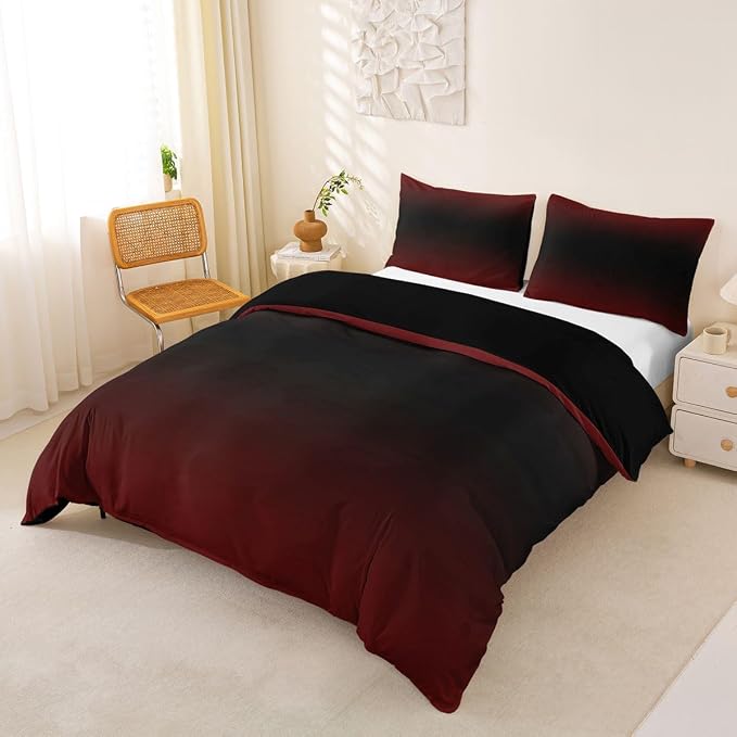 Erosebridal Red and Black Duvet Cover Full Ombre Bedding Set for Kids Teens Abstract Gradient Comforter Cover Contemporary Art Bed Set, 2 Pillowcases