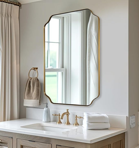 ANDY STAR 20"x30" Brushed Gold Scalloped Mirror, Bathroom Mirror for Over Sink, Antique Champagne Bronze Mirror in Rustproof Stainless Steel Thin Frame, Compact Size Ideal for Small Bathroom Remodel