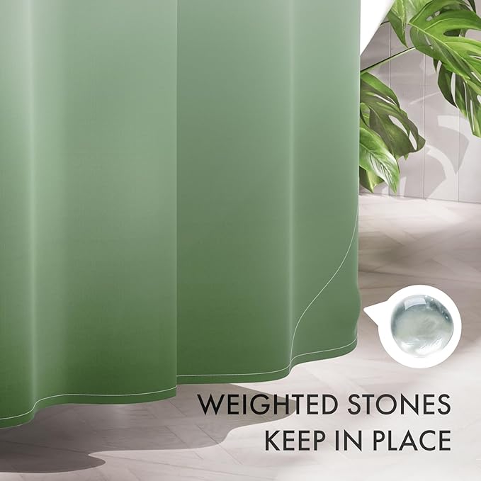 AmazerBath Fabric Shower Curtain Set, Ombre Grass Green Curtain with 12 Curtain Hooks, Rustic Cloth Green and White, Cute Washable Bathroom Shower Curtain, 72x72 Inches