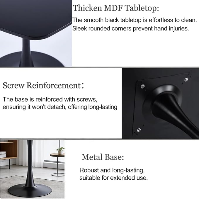 31.5 inches Black Square Dining Table for 2, Special Kitchen Table with Tulip Shape & Metal Pedestal Base, Mid Century Modern Bistro Tulip Table for Kitchen, Small Space, Cafe