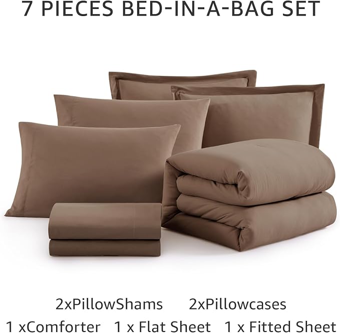 WRENSONGE Full Size Comforter Sets- 7 Pieces Soft Brown Bed in a Bag with Fitted Sheet, Flat Sheet, 2 Pillow Shams, 2 Pillowcases, Warm Bedding Sets for All Season