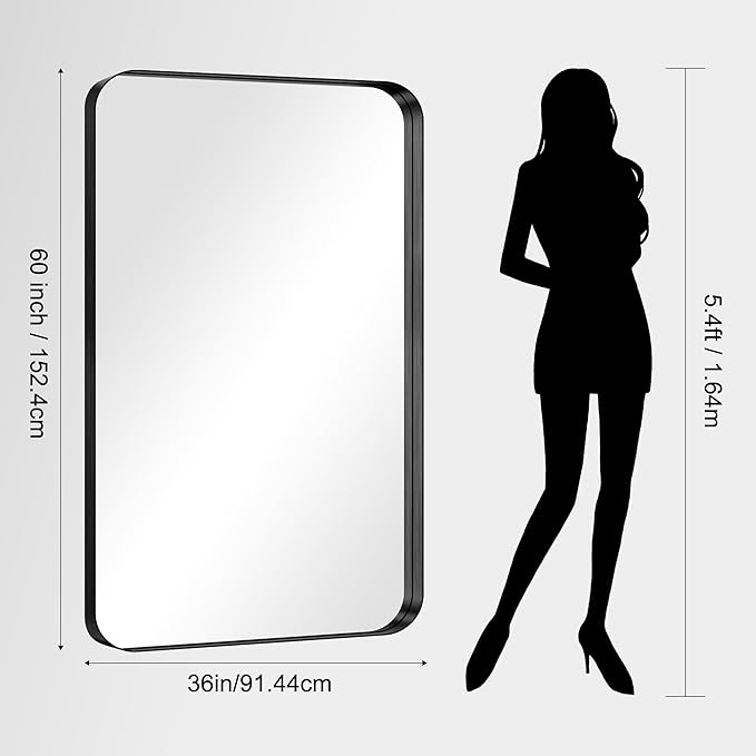 CIRCUMI Black Bathroom Mirror, 36"x60" Rectangular Mirror with Deep Metal Frame, Rounded Corner, Tempered Glass, Large Mirror for Wall, Over 2 Sinks, Installed Vertically/Horizontally, Crystal-Clear