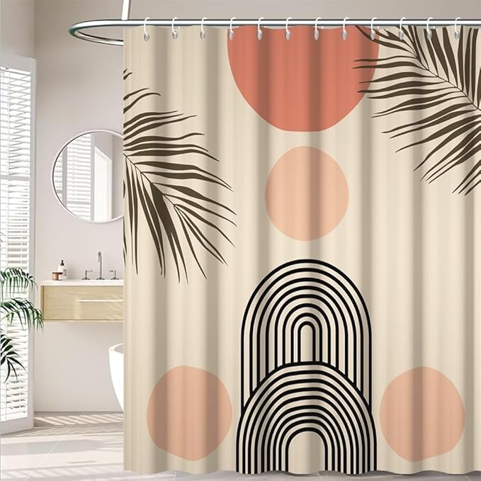 Pink Boho Shower Curtain for Bathroom Modern Abstract Minimalist Bathroom Decor Mid Century Arch Sun Leaf Aesthetic Bathtub Curtains Machine Washable Waterproof Polyester Fabric with Hooks 69x70 Inch