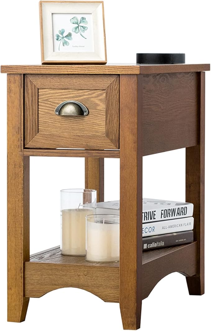 KOTEK End Table with Drawer and Open Shelf, Retro Narrow Side Table Nightstand w/Solid Wood Legs, Slim End Table for Small Space, Living Room, Bedroom, Home Office (Tawny)