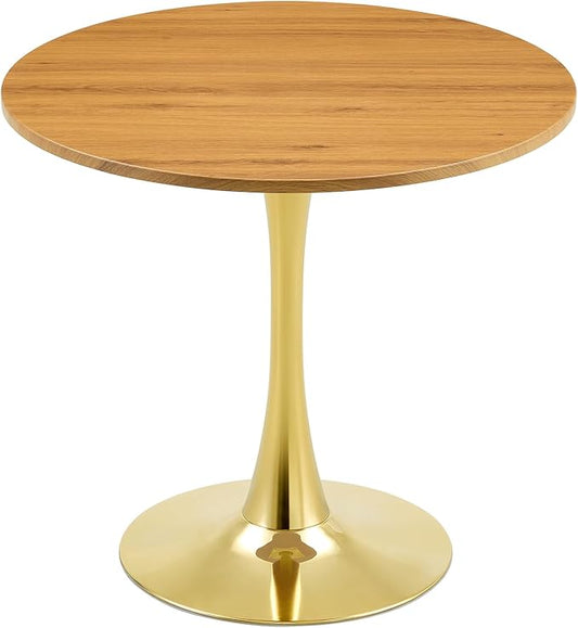 31.5 Inch Small Round Dining Table for 2-4 Person, Circle Tulip Table with Faux Wood MDF Top and Gold Metal Base,Mid Century Modern Bistro Table for Kitchen, Small Places,Living Room, Cafe